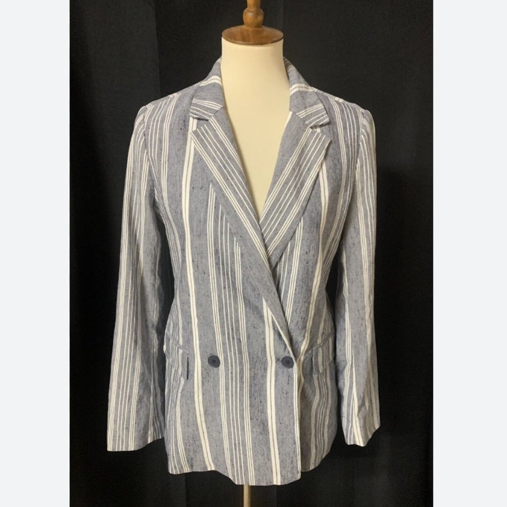Gap navy blue cream white striped linen blend Size 4 button front Blazer